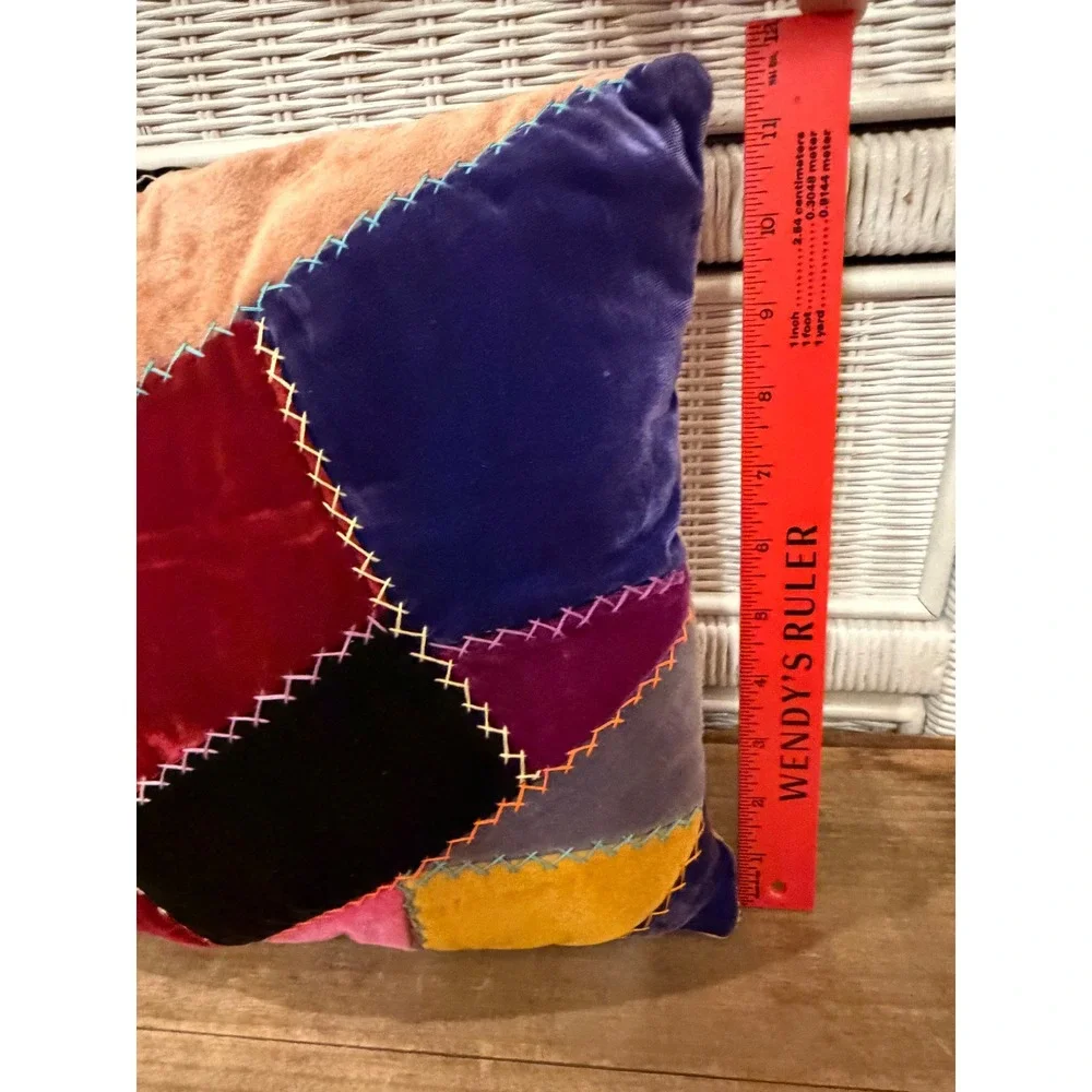 Bohemian Velvet Patchwork Throw Pillow Crazy Quilt Jewel Tone Cross Stitch 12x12